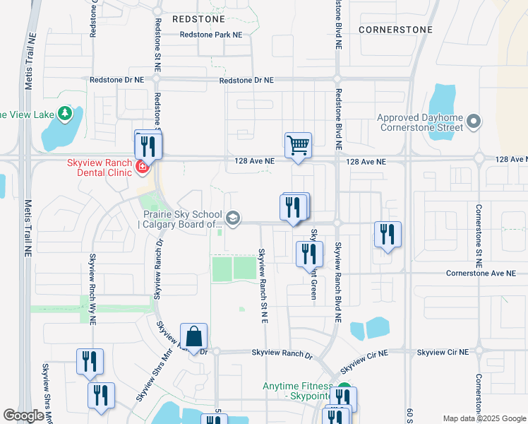 map of restaurants, bars, coffee shops, grocery stores, and more near 240 Skyview Ranch Rd NE in Calgary