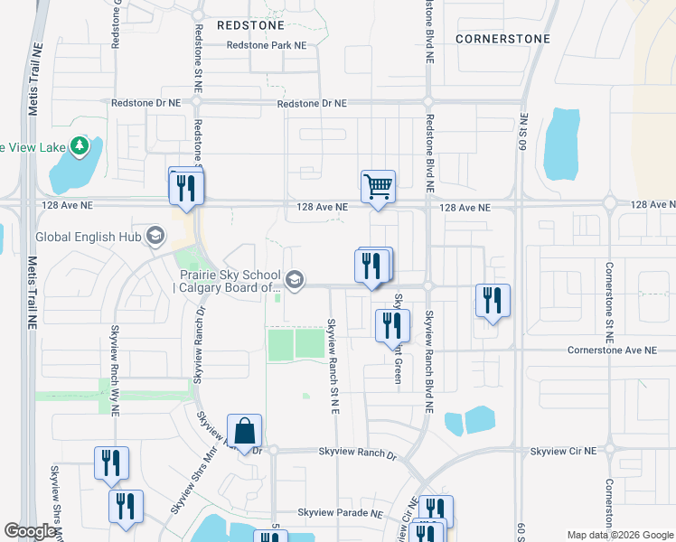 map of restaurants, bars, coffee shops, grocery stores, and more near 240 Skyview Ranch Rd NE in Calgary