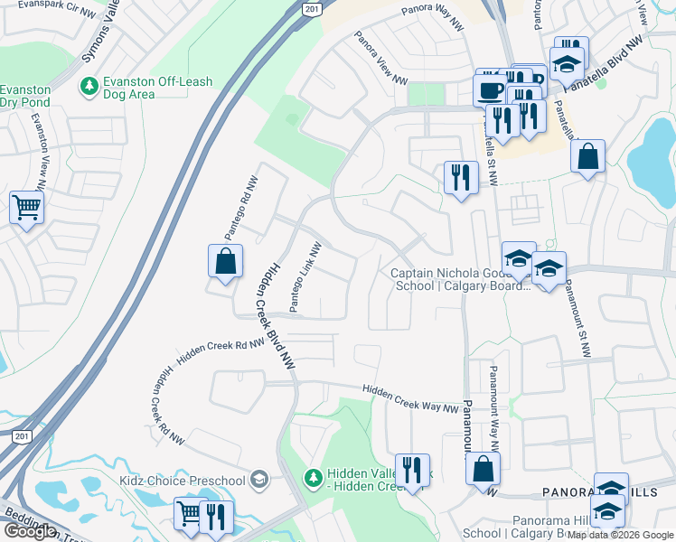 map of restaurants, bars, coffee shops, grocery stores, and more near 38 Pantego Avenue Northwest in Calgary