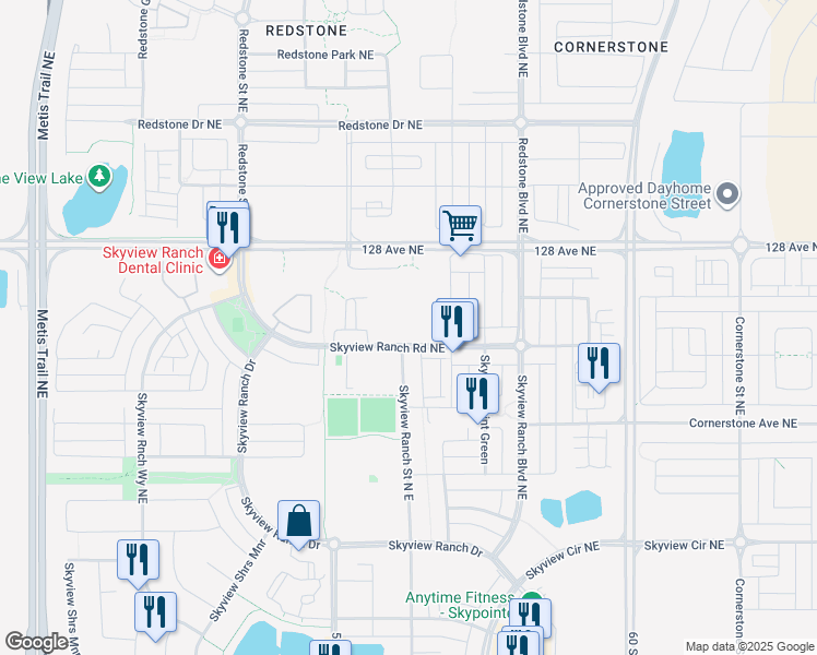 map of restaurants, bars, coffee shops, grocery stores, and more near 240 Skyview Ranch Rd NE in Calgary