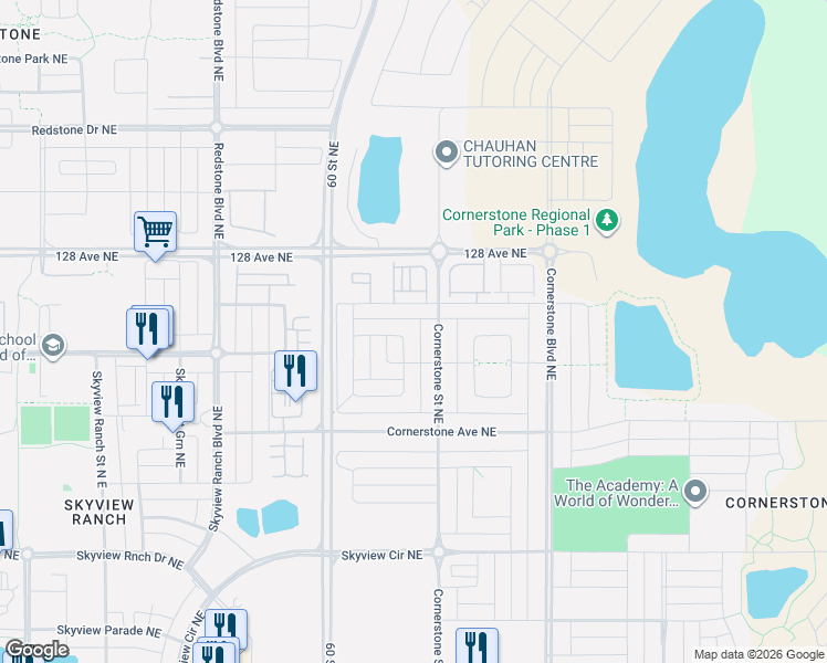 map of restaurants, bars, coffee shops, grocery stores, and more near 1127 Cornerstone Street Northeast in Calgary