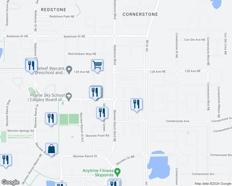map of restaurants, bars, coffee shops, grocery stores, and more near 226 Skyview Ranch Boulevard Northeast in Calgary