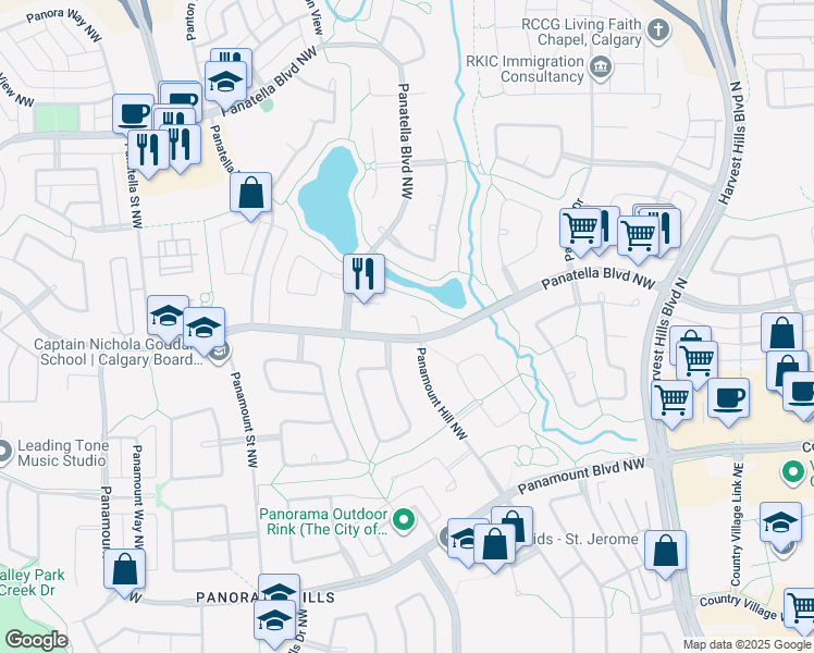 map of restaurants, bars, coffee shops, grocery stores, and more near 194 Panatella Boulevard Northwest in Calgary