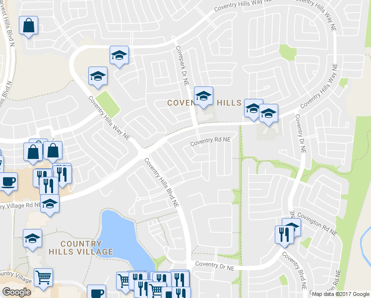 map of restaurants, bars, coffee shops, grocery stores, and more near 92 Coventry Road Northeast in Calgary