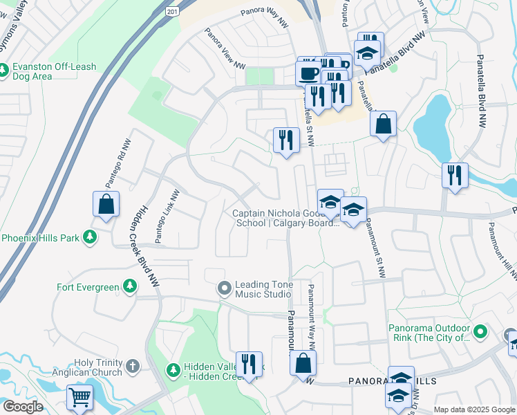 map of restaurants, bars, coffee shops, grocery stores, and more near 550 Panatella Boulevard Northwest in Calgary