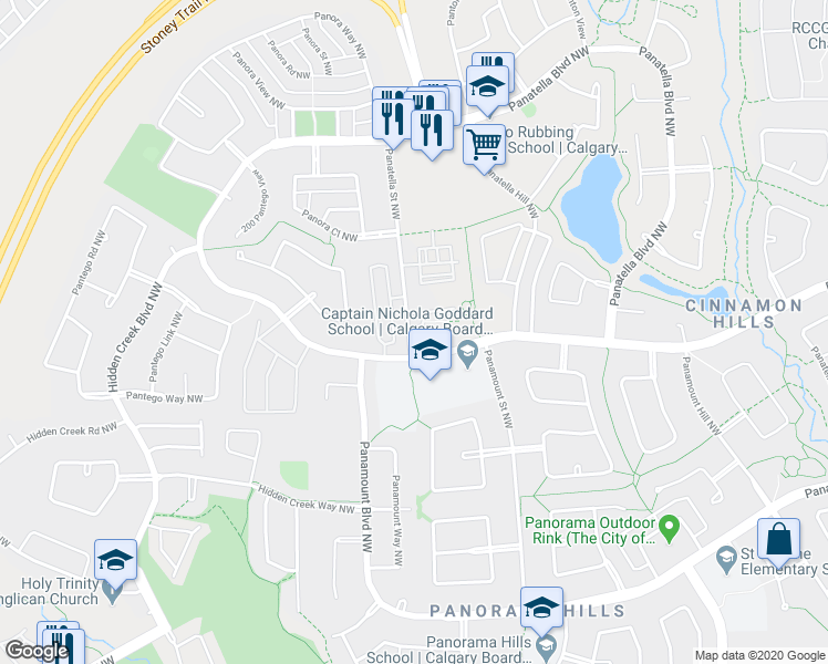 map of restaurants, bars, coffee shops, grocery stores, and more near 18 Panatella Street Northwest in Calgary