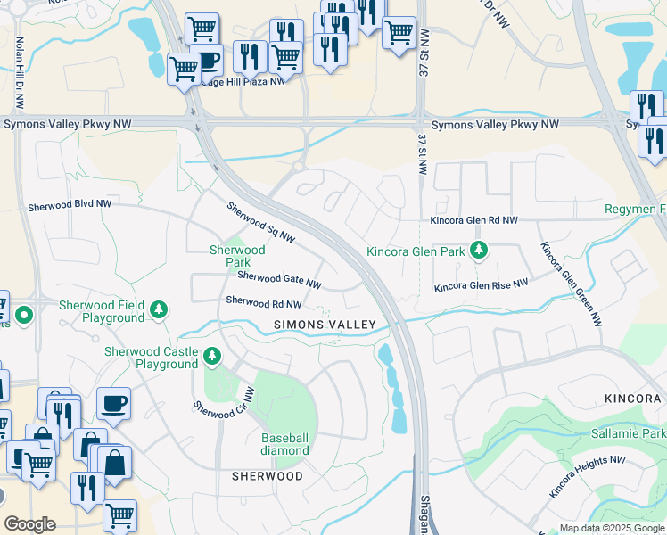 map of restaurants, bars, coffee shops, grocery stores, and more near Sherwood Bay Northwest in Calgary