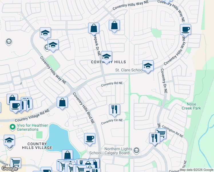 map of restaurants, bars, coffee shops, grocery stores, and more near 9 Coventry Gardens Northeast in Calgary