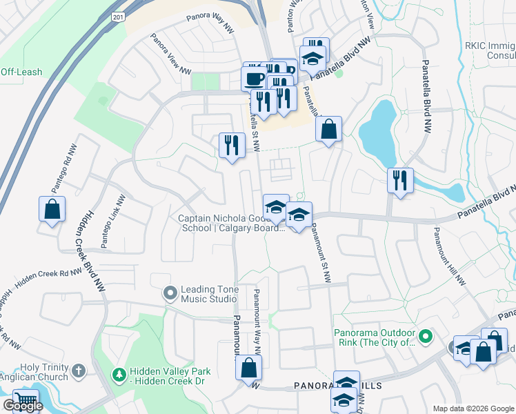 map of restaurants, bars, coffee shops, grocery stores, and more near 150 Panatella Landing Northwest in Calgary