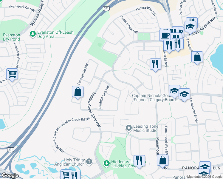 map of restaurants, bars, coffee shops, grocery stores, and more near 234 Pantego Way Northwest in Calgary