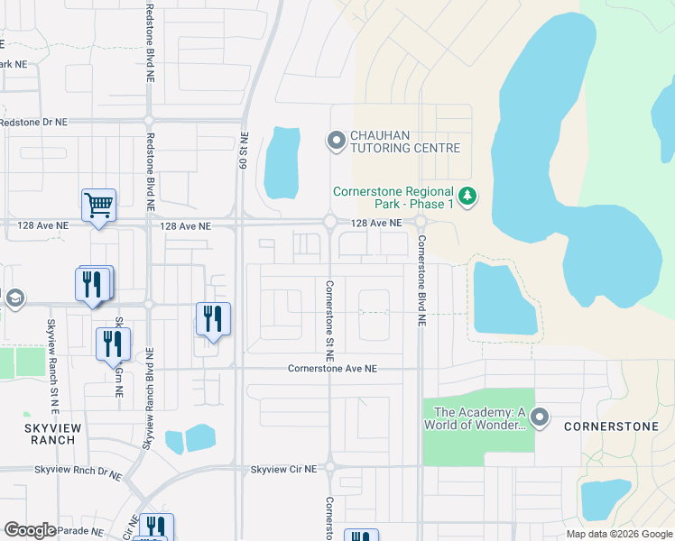 map of restaurants, bars, coffee shops, grocery stores, and more near 98 Cornerstone Circle Northeast in Calgary