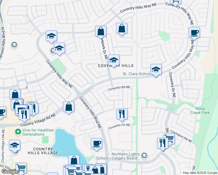 map of restaurants, bars, coffee shops, grocery stores, and more near 92 Coventry Road Northeast in Calgary