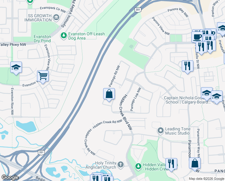 map of restaurants, bars, coffee shops, grocery stores, and more near 95 Pantego Rise Northwest in Calgary