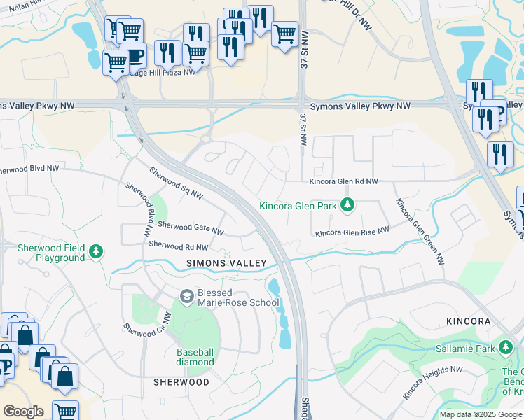 map of restaurants, bars, coffee shops, grocery stores, and more near 151 Kincora Crescent Northwest in Calgary