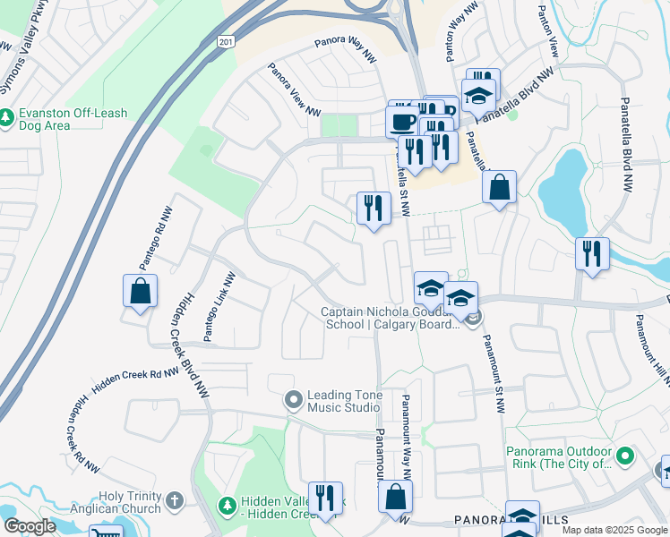 map of restaurants, bars, coffee shops, grocery stores, and more near 9 Pantego Close Northwest in Calgary