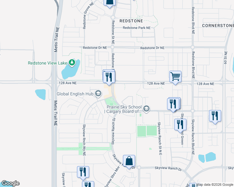 map of restaurants, bars, coffee shops, grocery stores, and more near 22 Skyview Ranch Rd NE in Calgary