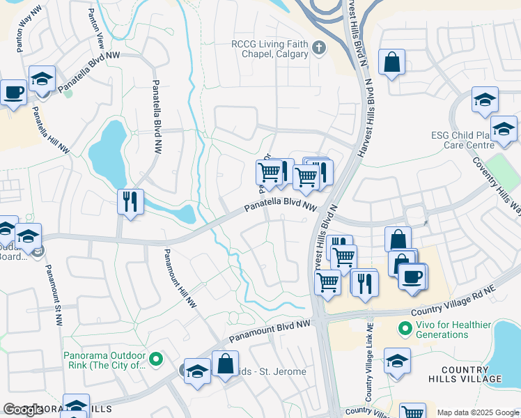 map of restaurants, bars, coffee shops, grocery stores, and more near 55 Panatella Boulevard Northwest in Calgary