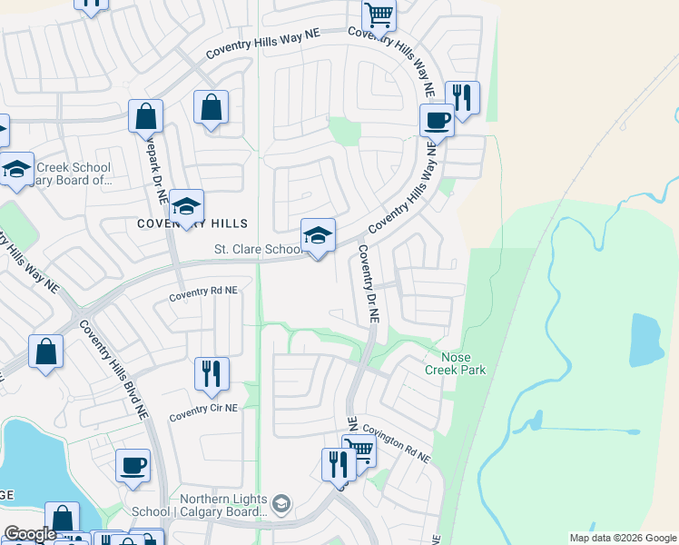 map of restaurants, bars, coffee shops, grocery stores, and more near 1071 Coventry Drive Northeast in Calgary