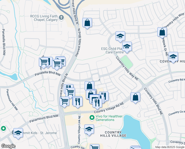 map of restaurants, bars, coffee shops, grocery stores, and more near Coventry Hills Drive Northeast in Calgary