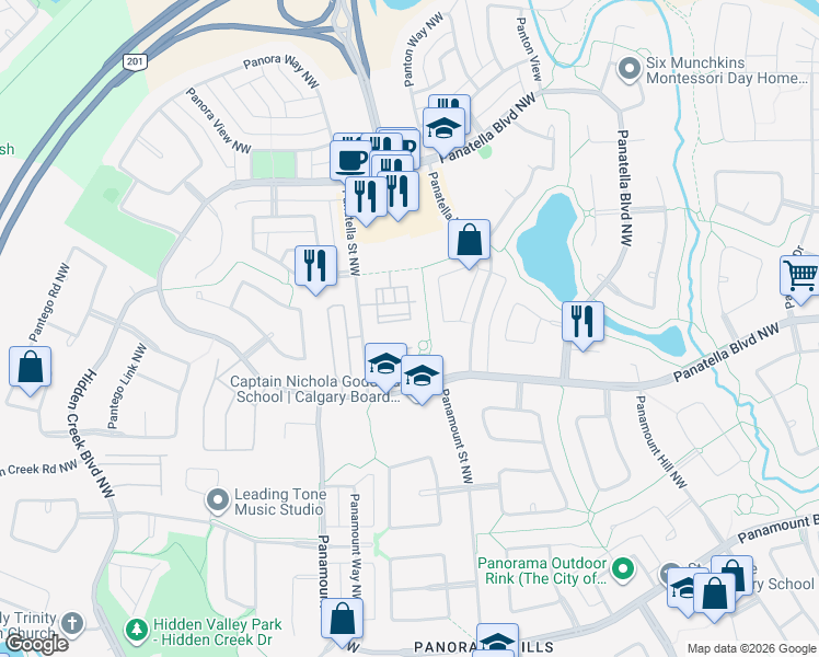 map of restaurants, bars, coffee shops, grocery stores, and more near 60 Panatella Street Northwest in Calgary