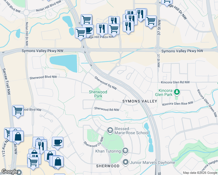 map of restaurants, bars, coffee shops, grocery stores, and more near Sherwood Bay Northwest in Calgary