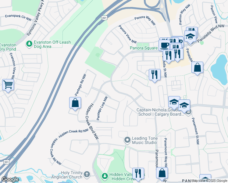 map of restaurants, bars, coffee shops, grocery stores, and more near 657 Panatella Boulevard Northwest in Calgary