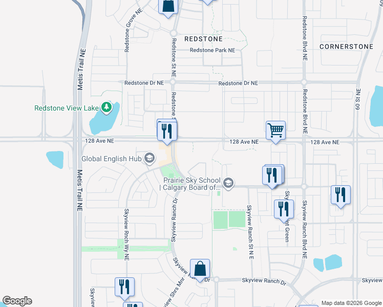 map of restaurants, bars, coffee shops, grocery stores, and more near 22 Skyview Ranch Rd NE in Calgary