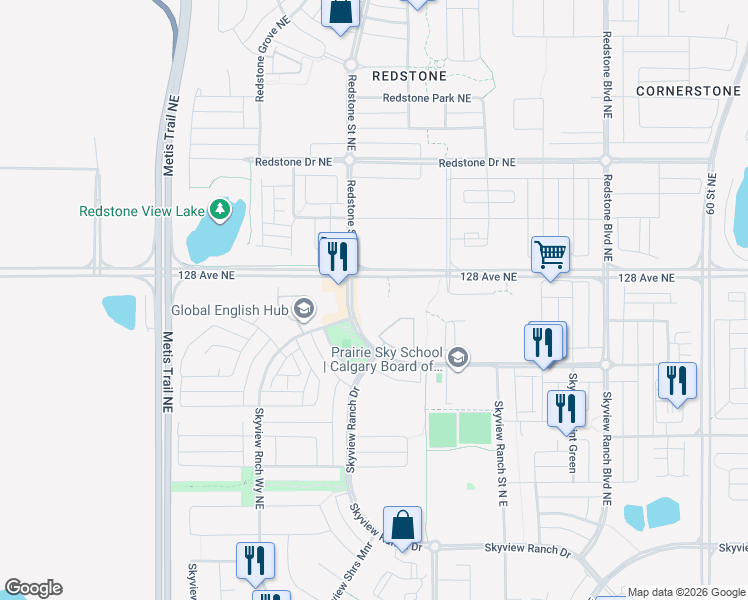 map of restaurants, bars, coffee shops, grocery stores, and more near 22 Skyview Ranch Rd NE in Calgary