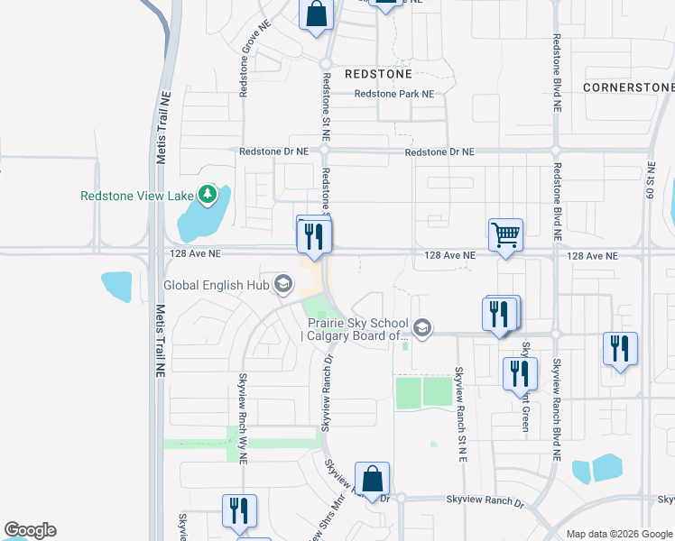 map of restaurants, bars, coffee shops, grocery stores, and more near 22 Skyview Ranch Rd NE in Calgary