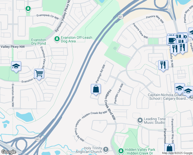 map of restaurants, bars, coffee shops, grocery stores, and more near 109 Pantego Road Northwest in Calgary