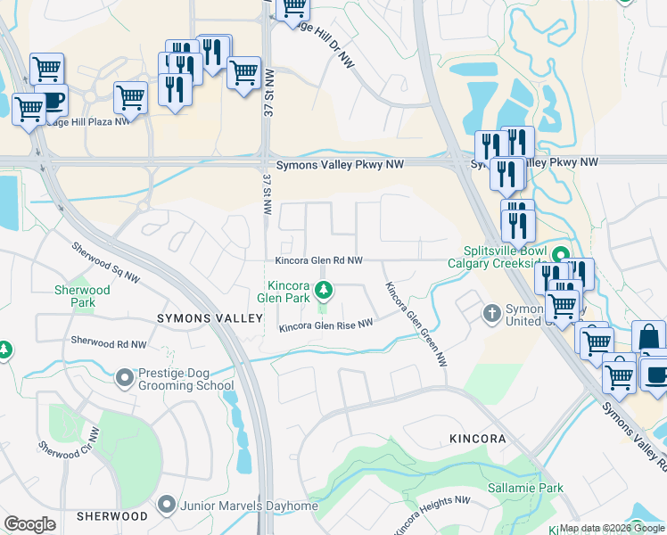 map of restaurants, bars, coffee shops, grocery stores, and more near 130 Kincora Glen Road Northwest in Calgary