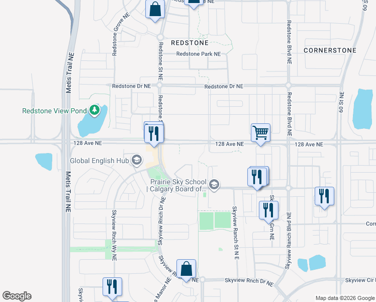 map of restaurants, bars, coffee shops, grocery stores, and more near 4641 128 Avenue Northeast in Calgary