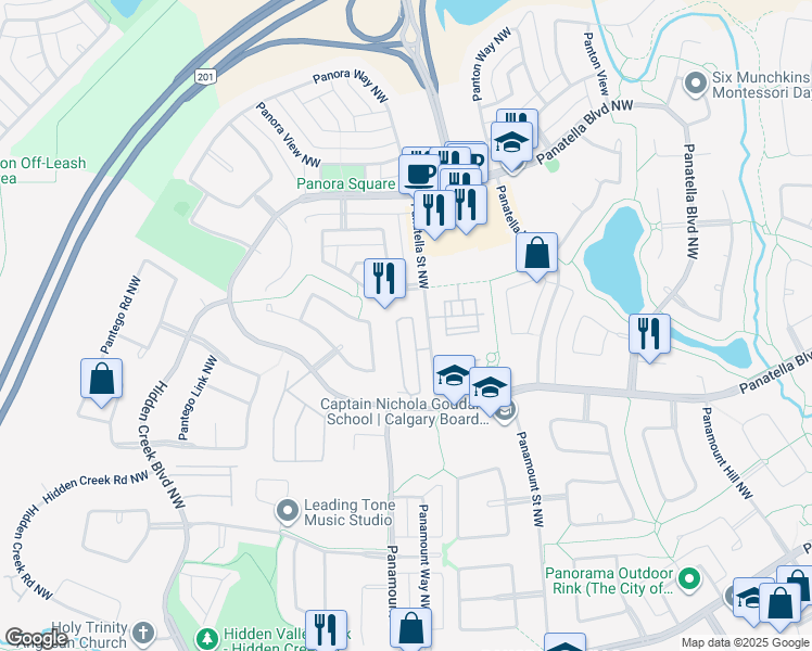 map of restaurants, bars, coffee shops, grocery stores, and more near 31 Panatella Landing Northwest in Calgary