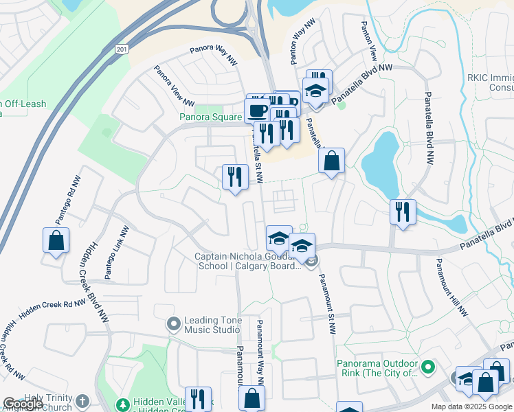 map of restaurants, bars, coffee shops, grocery stores, and more near 30 Panatella Landing Northwest in Calgary