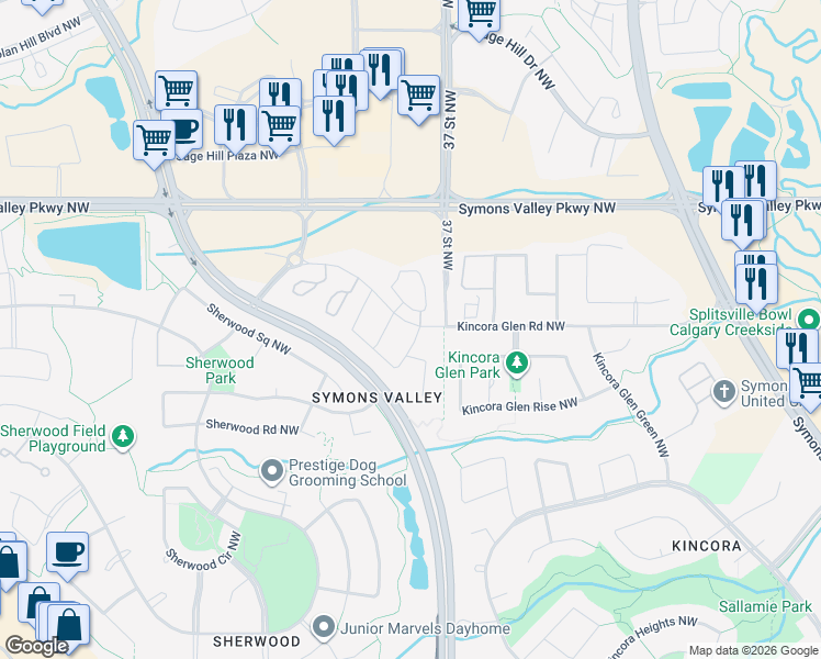 map of restaurants, bars, coffee shops, grocery stores, and more near 217 Kincora Crescent Northwest in Calgary
