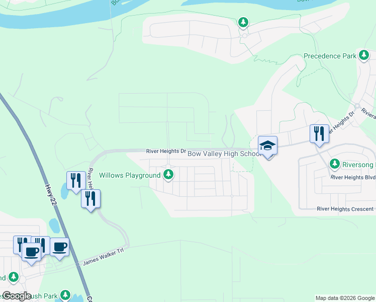 map of restaurants, bars, coffee shops, grocery stores, and more near Township Road 254A in Cochrane