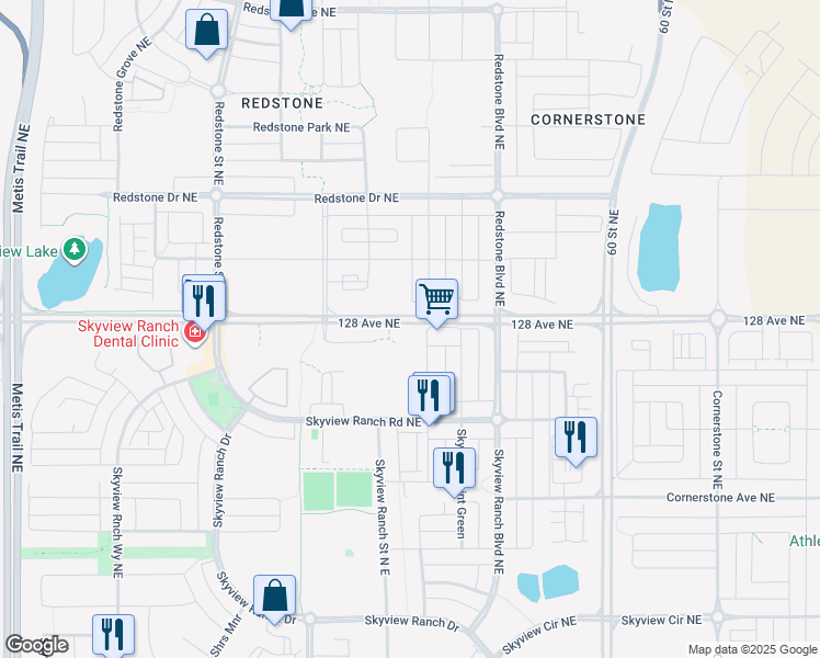 map of restaurants, bars, coffee shops, grocery stores, and more near 73 Skyview Point Crescent Northeast in Calgary
