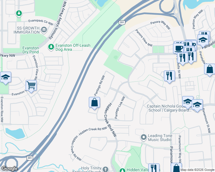 map of restaurants, bars, coffee shops, grocery stores, and more near in Calgary