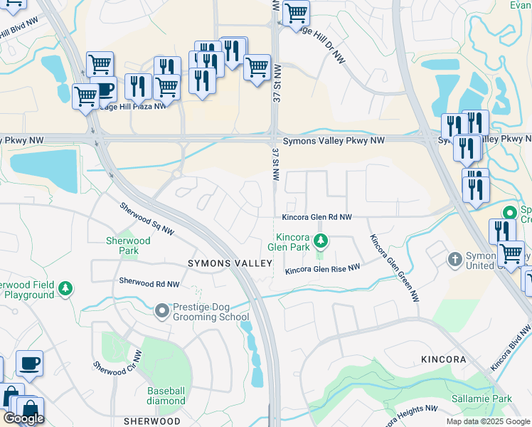 map of restaurants, bars, coffee shops, grocery stores, and more near 235 Kincora Glen Road Northwest in Calgary