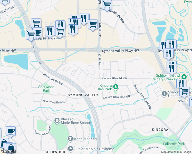 map of restaurants, bars, coffee shops, grocery stores, and more near 237 Kincora Glen Road Northwest in Calgary