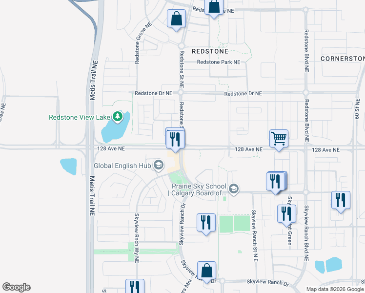 map of restaurants, bars, coffee shops, grocery stores, and more near 22 Skyview Ranch Rd NE in Calgary
