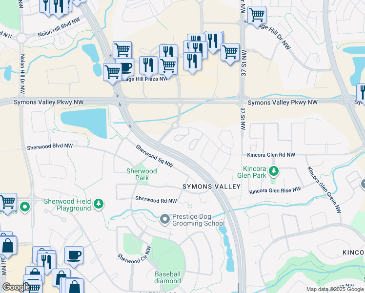 map of restaurants, bars, coffee shops, grocery stores, and more near 402 Kincora Glen Road Northwest in Calgary