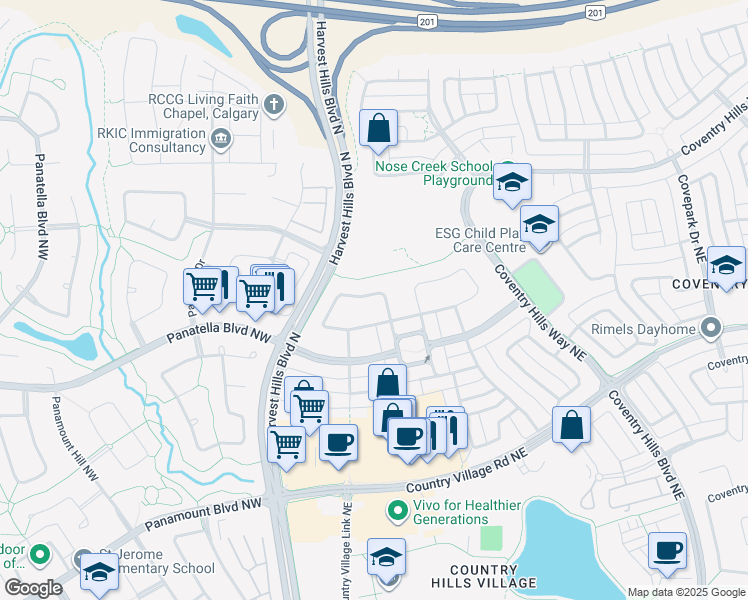 map of restaurants, bars, coffee shops, grocery stores, and more near 67 Covehaven Terrace Northeast in Calgary