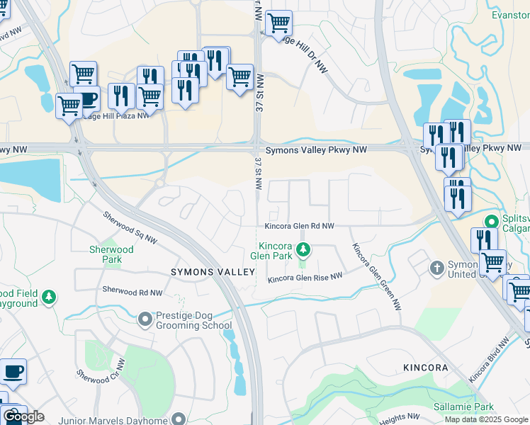 map of restaurants, bars, coffee shops, grocery stores, and more near 195 Kincora Glen Road Northwest in Calgary