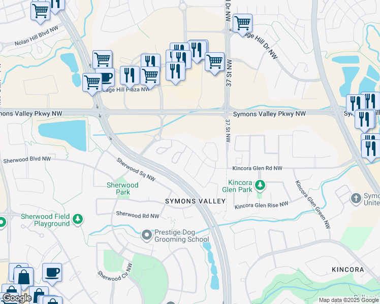 map of restaurants, bars, coffee shops, grocery stores, and more near 7 Kincora Crescent Northwest in Calgary
