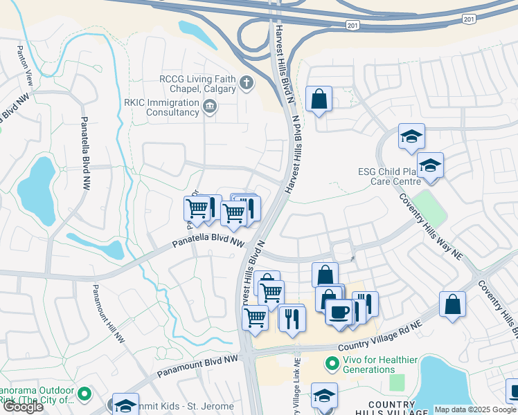 map of restaurants, bars, coffee shops, grocery stores, and more near 59 Panatella Park Northwest in Calgary