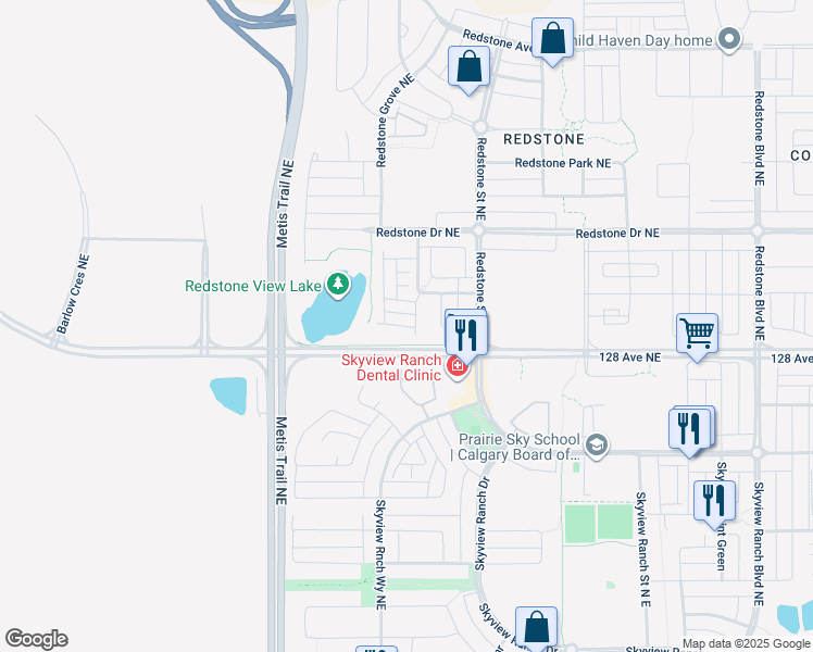 map of restaurants, bars, coffee shops, grocery stores, and more near 450 Redstone View Northeast in Calgary