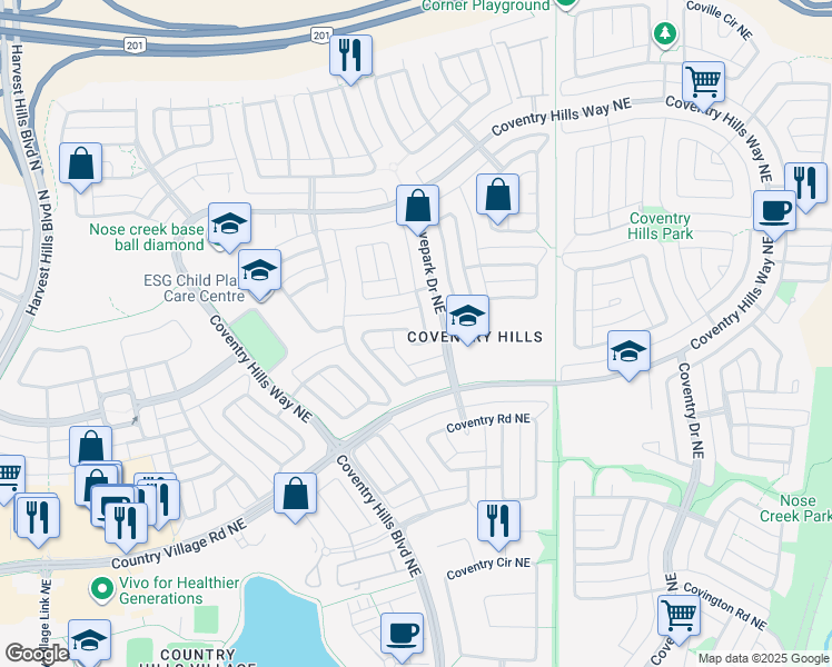 map of restaurants, bars, coffee shops, grocery stores, and more near 231 Covepark Way Northeast in Calgary