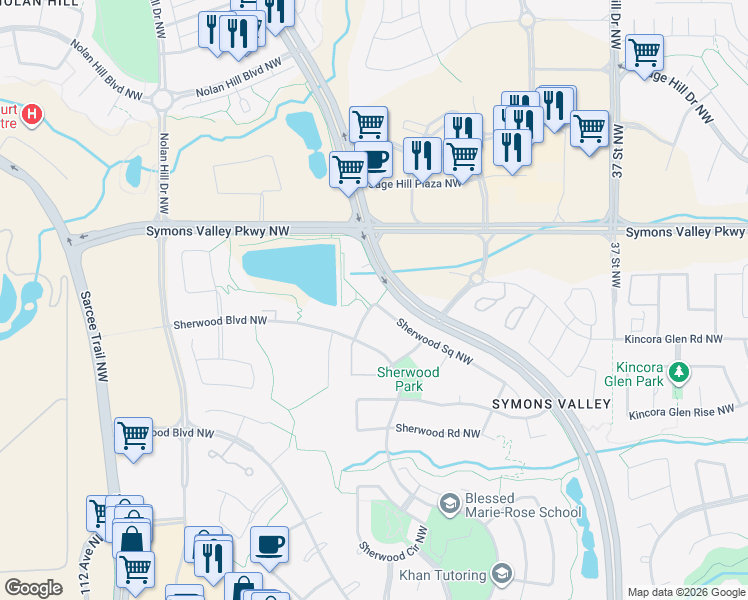 map of restaurants, bars, coffee shops, grocery stores, and more near 218 Sherwood Square Northwest in Calgary