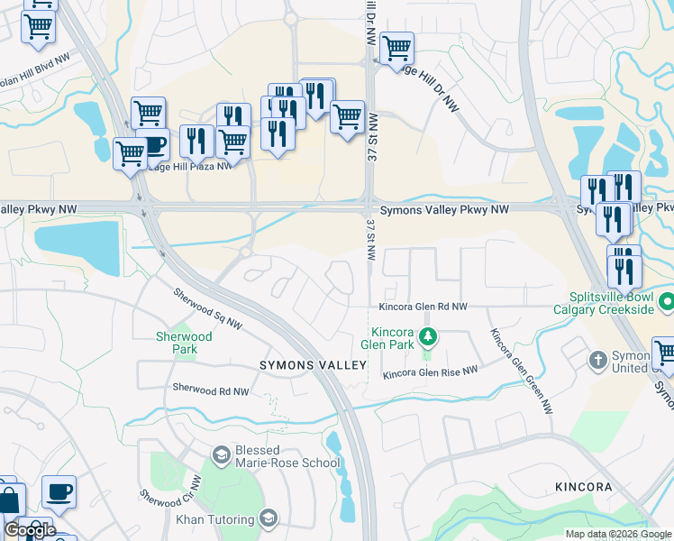 map of restaurants, bars, coffee shops, grocery stores, and more near 15 Kincora Glen Park Northwest in Calgary